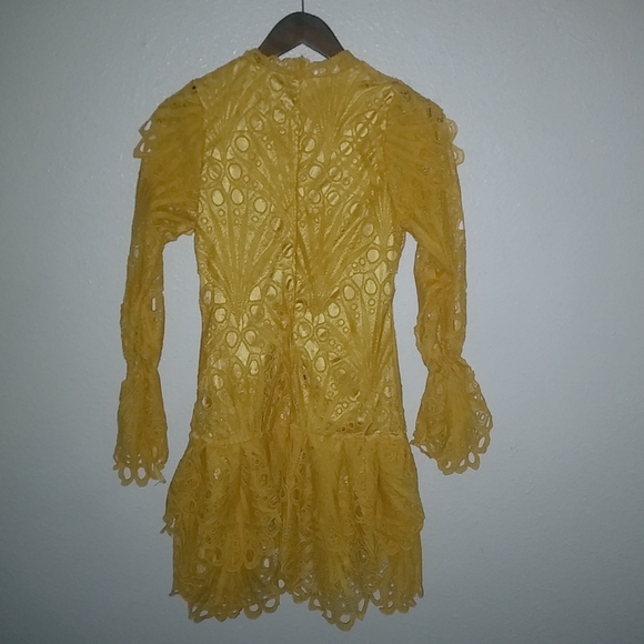 Blueprint Leni M Applique Lace Long Sleeved Mustard Yellow Mini Dress - Picture 5 of 10